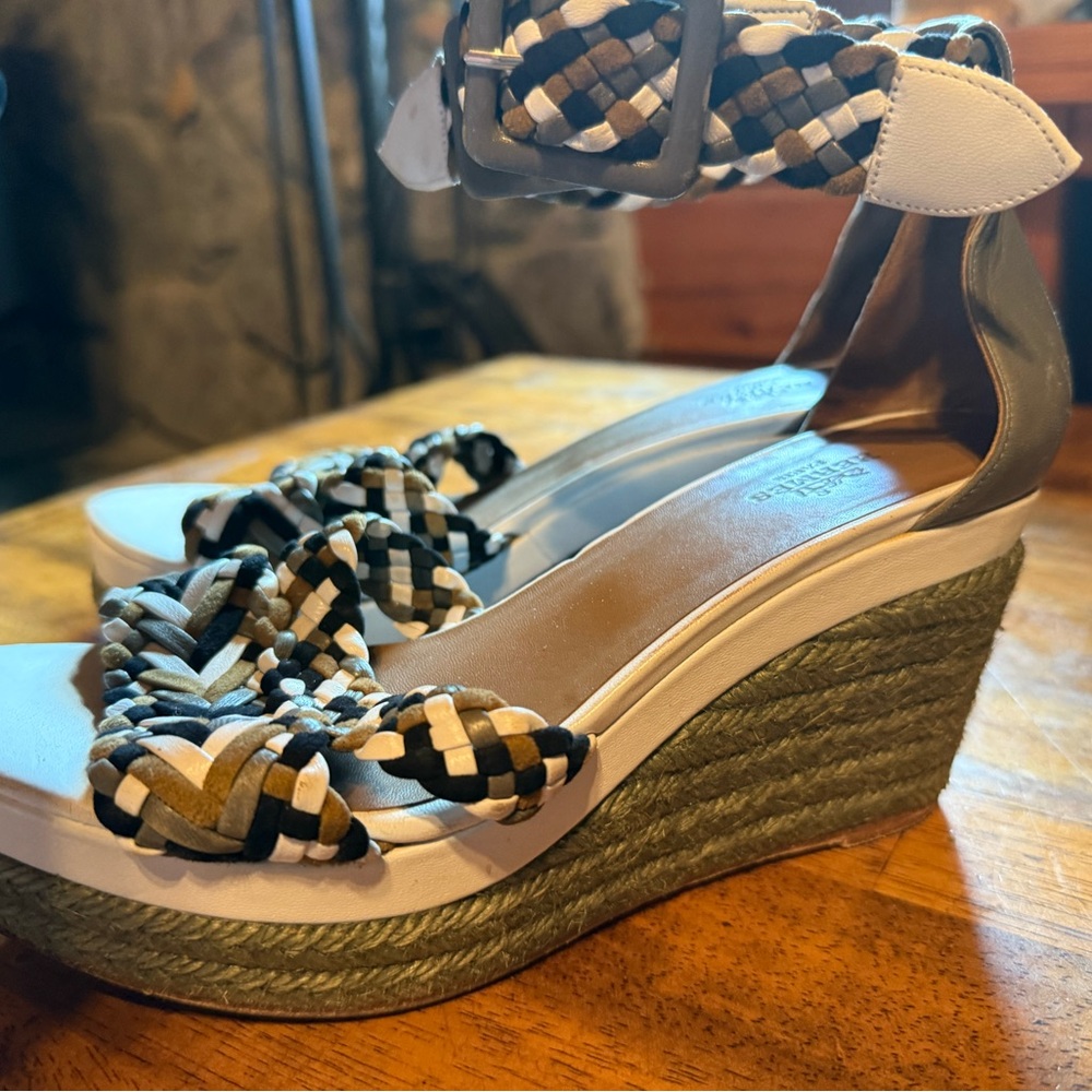 Hermes Woven Wedge Sandals - White black and green